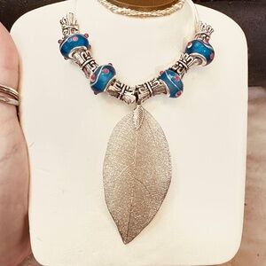 925 Sterling Silver Chain Delicate Leaf Pendant & 925 Blue Lamp Work Beads